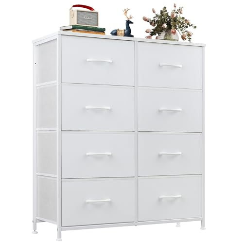 OLIXIS Dresser for Bedroom, 8 Storage Drawers, Tall Large Fabric Storage Tower Organizer, Chest of Drawers with Metal Frame Wooden Top for Nursery, Closet, Living Room, Entryway, Classic White