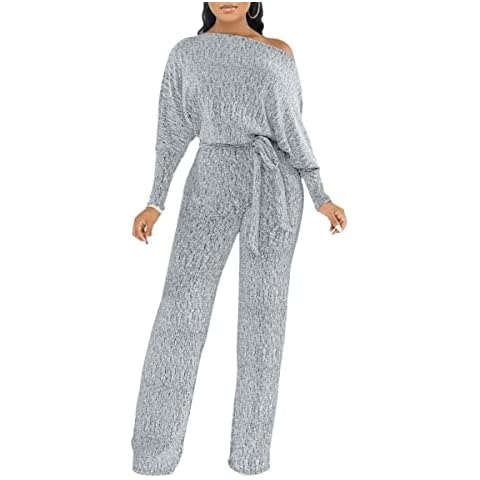 LaiyiVic Women's Jumpsuits off Shoulder Sexy Long Sleeve Cocktail Elegant Sparkly Straight Long Pants Rompers (Silver,X-Large) Cover