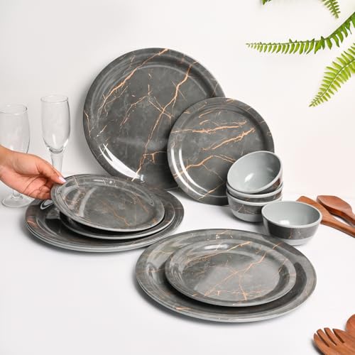 Image of MARKET 99 Heavy-Duty Grey Static Melamine Dinner Set - 12 Pcs | Includes 4 Full Plates, 4 Quarter Plates & 4 Soup Bowls | Durable Dinnerware for Daily Use, Family Meals, Parties & Kitchen Decor