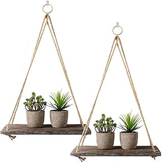 Rustic Shelf 2Pcs Wooden Floating Shelves with String Rope Hanging Floating Shelves Rustic Distressed Wood Hanging Shelves Wood Wall Decor Swing Rope Floating Shelf with Hooks for Living Room (Medium)