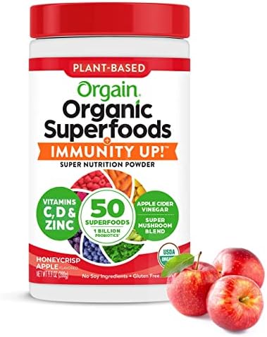 Orgain Organic Greens + 50 Superfoods Immunity Up! Powder, Honeycrisp Apple - Immune Support, Probiotics, Vitamin C, D & Zinc, Apple Cider Vinegar, Ashwagandha, Cordyceps & Reishi Mushrooms - 0.62lb