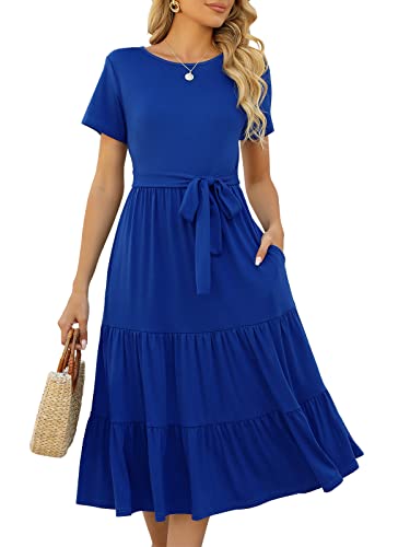 Image of Lyrur Women's Dresses Casual Summer Tiered Midi Dress Short Sleeve Belted Ruffle Babydoll Boho Sundress with Pockets
