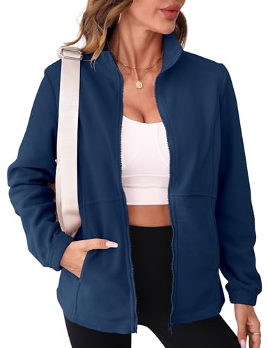 IECCP Womens Fleece Jackets Sport Ladies Lightweight Full Zip Coat Soft Touch Warm Sweater Top for Outdoor Sport (Navy Blue,12-14)