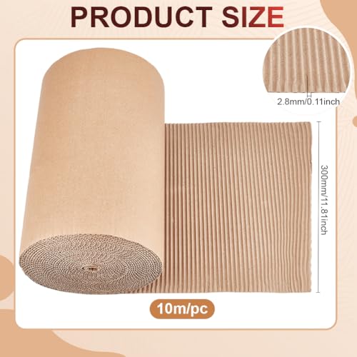 Image of BENECREAT 393.7x11.8inch Brown Single Face Corrugated, Corrugated Cardboard Roll Durable Wrap Paper for Packing, Mailing, Moving, 2.8mm Thick