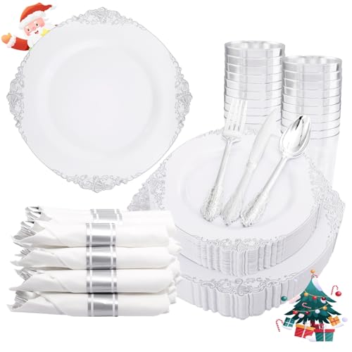 Liacere 350PCS Silver Plastic Plates&Pre Rolled Napkins for 50 Guests - Plastic Dinnerware Sets 100Silver Disposable Plates, 150Silver Silverware, 50Cups and 50Napkins for Christmas