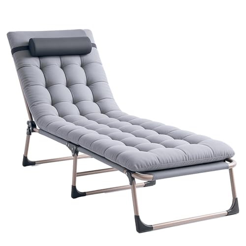 TRIOBLADE Heavy Duty Folding Garden Sun Lounger 22mm Steel Frame Support 264lbs 4-Position Adjustable Folding Chaise with Pillow Sun Bed with Cushion For Beach, Garden, Pati (Without sunshade, Grey)