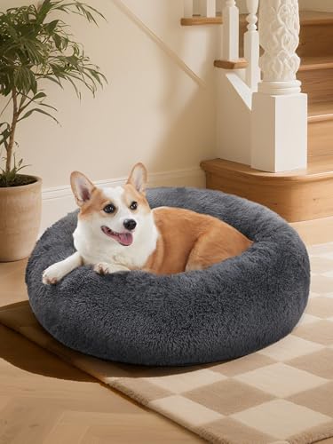OhGeni 31 inches Calming Donut Orthopedic Dog & Cat Bed for Medium Pets, Warming Comfort Fluffy Long...
