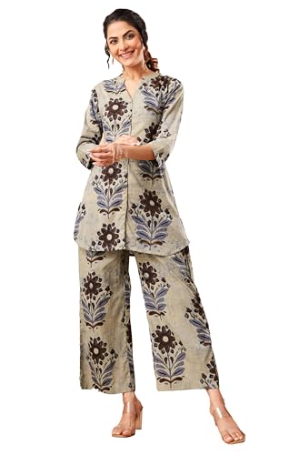 Image of Janasya Women's Multicolor Pure Cotton Floral Printed A-Line Co-Ord Set