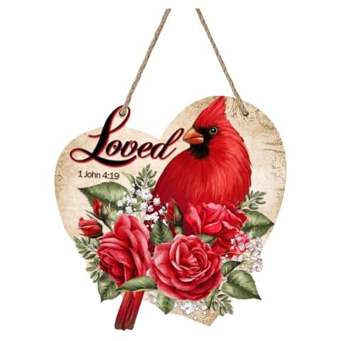 Deroro Valentines Day Cardinal Rose Flower Front Door Sign, Red Bird Loved 1 John 4:19 Wood Door Hanger Outdoor Outside Porch Decor, Anniversary Wedding Wooden Wreath Indoor Wall Hanging Decoration Cover