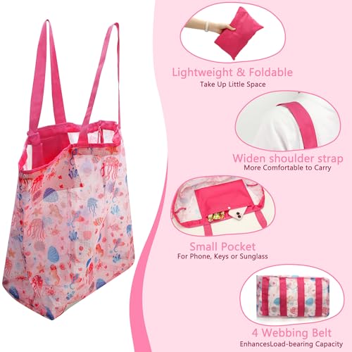 LAHAQIQI XXL Mesh-Netztasche für Strandspielzeug mit Kordelzug, Falbar Leichtgewicht & Praktisch für Schwimmbad, Reisen & Sommer-Essentials für Frauen und Kinder (Muschel-Rose Rot)