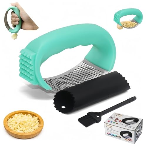 Leixterich Stainless Steel Garlic Presser With Garlic Peeler Tube and Cleaning Brush, 2024 Upgrades Best Garlic Press, Garlic Mincer Tool, kitchen Gadgets (Green)