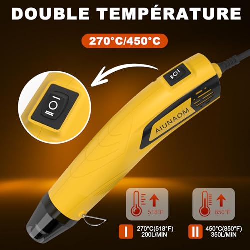 AIUNAOM Mini Décapeur Thermique 500W Pistolet à Air chaud 2 Réglages Température 270℃/450℃ avec Buse Réfléchissante pour rétrécir emballages, bricolage, gaines thermorétractables, embossage – vue 3