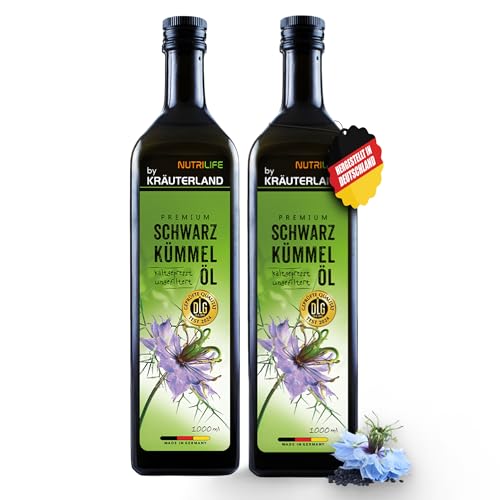 NUTRILIFE by Kräuterland Schwarzkümmelöl 2X1L (2Liter), ungefiltert, 100% Nigella Sativa, naturrein ohne Zusatzstoffe, Omega 3-6-9, kaltgepresst, vegan, mühlenfrisch aus unsrer hessischen Ölmühle