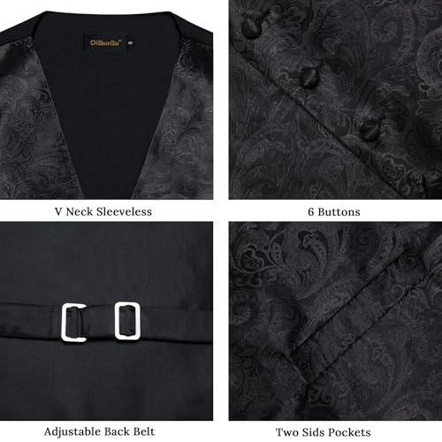Image of DiBanGu Mens Paisley Suit Waistcoat,Silk Dress Vest and Bowtie Pocket Square Cufflinks with Lapel Pin Set for Wedding Tuxedo