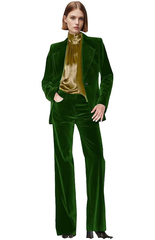 Botong Velvet Womens Formal Suit Set Peak Lapel Office Work Outfit Professional Business Suit Green M