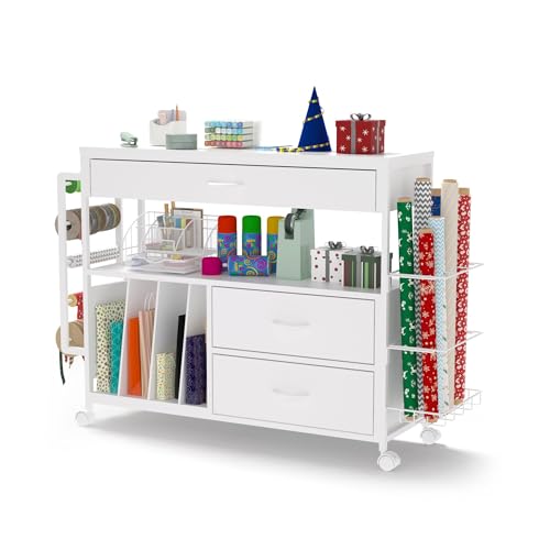 Anrigeail Wrapping Paper Storage & Organizer, Craft Cart with Ribbon & Gift Bag Storage, Wrapping Paper Organizer Holder(3 Wooden Drawers-White)