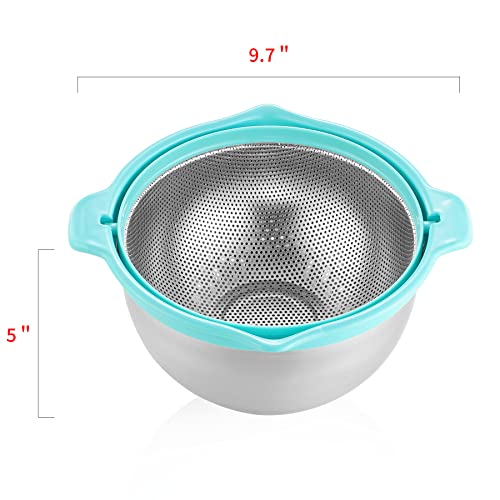 Popgrade 2 In 1 Stainless Steel Colander Bowl Set, Detachable Rice Washer Strainer Set, Rice Washing Bowl And Strainer For Fruit, Pasta, Small Rice Cleaner Strainer Bowl, Blue #TOP5