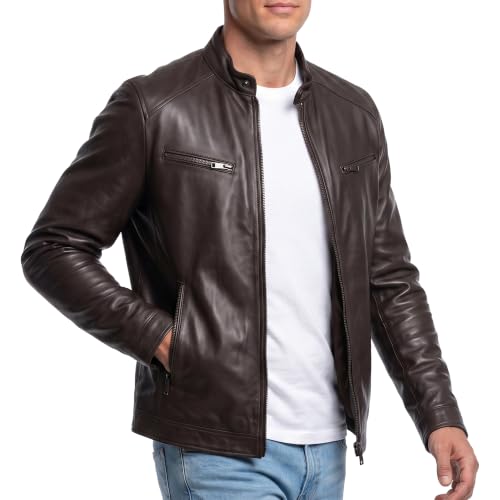 Image of Men Cafe Racer Motorcycle Style Solid Leather Jacket Slim Fit Motorcycle Brown Cafe Racer Leather Jacket
