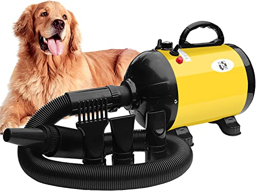 Dog Hair Dryer Blaster 220V 500W-2800W Pet Grooming Hair Dryer High Velocity Dryer Low Noise Temperature Heater with 2.3M Flexible Hose and 3 Nozzles (Yellow)