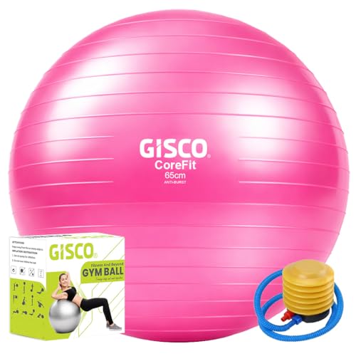 Image of GISCO Anti-Burst Rubber Gym Ball with Free Foot Pump | Color - Pink, Size - 65 cm | Round Shape Swiss Ball for Exercise, Workout, Yoga, Pregnancy, Birthing, Balance & Stability