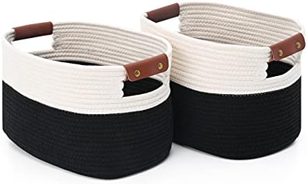 ECDYQXVU 2 Pack Cotton Rope Storage Baskets,15x10x9in, Collapsible Storage Bins, Decorative Woven Basket Cube Storage Organizer for Nursery, Laundry, Towel, Clothes, Cosmetics, Books(White/Black)
