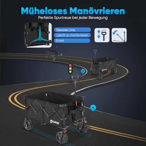 Sekey XXL Plus Bollerwagen Faltbar mit Bremsen 200L 200KG Belastbar, Extra Breite Reifen All Terrain Bollerwagen, Patentiert Zusammenfaltbar aus Vier Richtungen, XXL-PlusB 4011, Schwarz