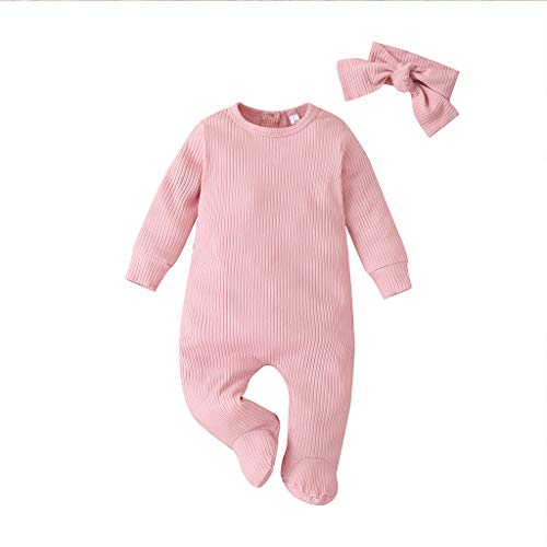 FYBITBO Newborn Baby Girl Boy Onesie Footed Romper Jumpsuit Pajamas Sleepers Ribbed One Piece Bodysuit Outfit Clothes (3-6 Months,Pink)
