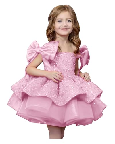 Sparkly Sequin Puffy Flower Girl Dresses A Line Tiered First Communion Gowns with Bow Knot