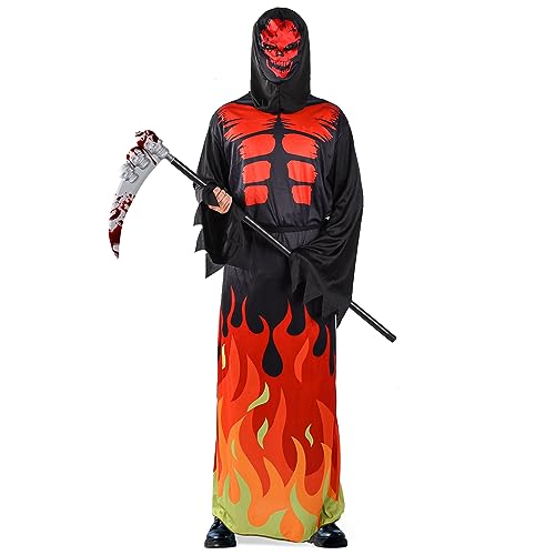 Herenear Disfraz Halloween Adulto, Fuego Disfraz de Fantasma Halloween, Costume Esqueleto Halloween Disfraz con Hoz, Disfraz de Túnica para Adulto Halloween Carnival Cosplay