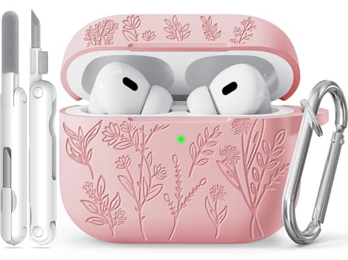Image of Flower Engraved Case for Apple AirPods Pro 2 Gen with Clean Kit,Soft Silicone Protective Case Cover for AirPods Pro 2nd /1st Generation AirPod Case Carabiner,Front LED Visible,Pink