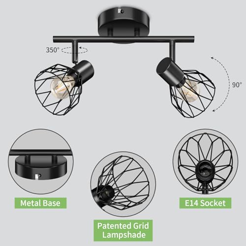 Kimjo LED Deckenstrahler Schwenkbar - Deckenlampe 2 Flammig Schwarz Deckenleuchte E14 - Lampe Strahler für Wohnzimmer, Küche und Schlafzimmer