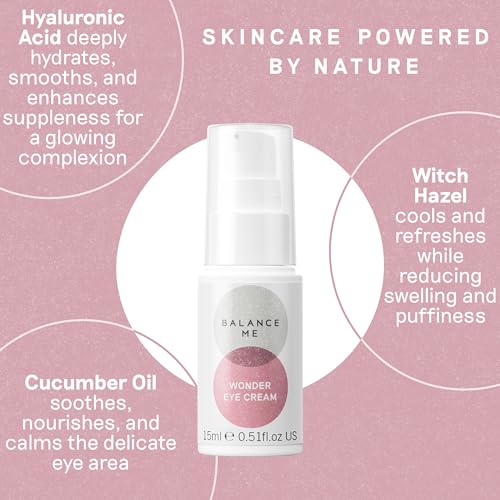 Balance Me Wonder Eye Cream for Dark Circles, Puffy Eyes Treatment with Hyaluronic Acid, Witch Hazel & Cucumber Oil, Anti-Aging, Anti Wrinkle Eye Cream, (1 x 0.5 fl oz)