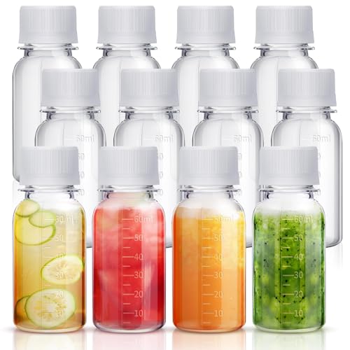 Reusable Shot Bottles with Caps 6 Pcs 2oz Small Clear Plastic Jars with Scale for Ginger Shots Juice Smoothies Coffee Milk Drinks