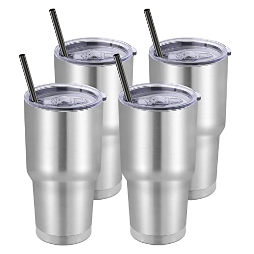 DOMICARE 30 oz Tumbler with Lid and Straw, Stainless Steel Tumblers Bulk, Insulated Vacuum Double Wall Travel Coffee Mug, Durable Powder Coated Tumbler Cups (Stainless Steel, 4)