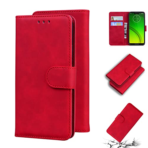 LMFULM® Hülle für Motorola Moto G7 Power (6,2 Zoll) PU Leder Magnet Brieftasche Lederhülle Tasche Flip Cover Ledertasche Stent-Funktion Hülle Rot