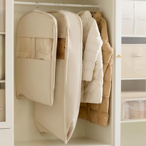 TIANZONG 衣類カバー 洋服カバー スーツカバー 透明窓付き ファスナー圧縮 耐久性 ロング 形崩れ防止 洗える 防塵防湿 (Beige, M+XL 2枚組)
