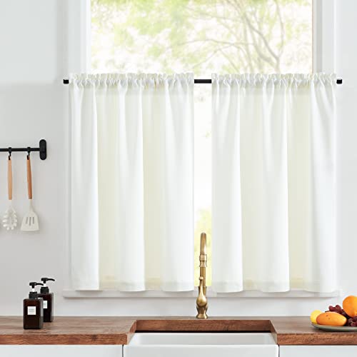 jinchan Faux Linen Kitchen Curtains 36 Inch Length Farmhouse Tier Curtains Privacy Cafe Light Reducing Short Window Drapes for Bathroom Laundry Room Rod Pocket 2 Panels White 34"W x 36"L (Pa