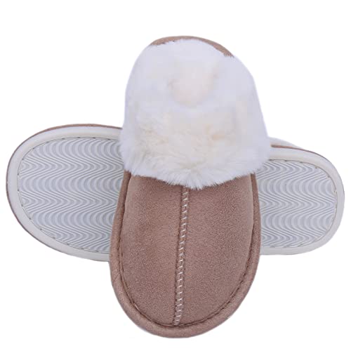 Aisprts Hausschuhe Damen, Winter Warme Flauschige Plüsch Hausschuhe aus Wildleder für Damen Memory Foam Rutschfeste Pantoffeln für Drinnen und Draußen, Khaki, 42/43 EU Cover