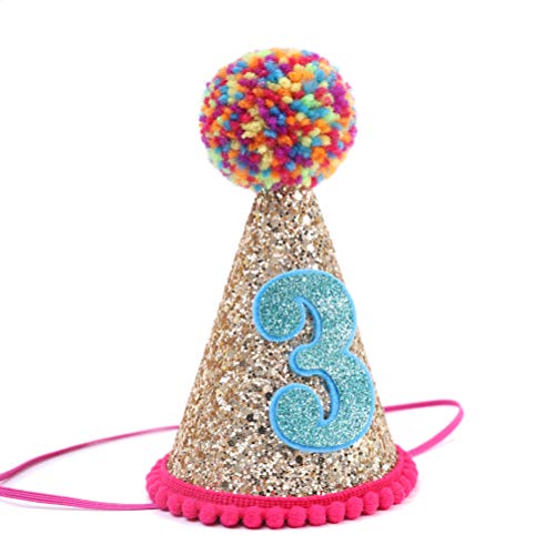 Baby's Cone Hat For 3St Birthday - Birthday Party Decor For Baby Show, Colored Fur Balls Glitter Hat, Baby Hat For Handmade, Birthday Crown Cap For Baby Girls/Boys (Third Birthday Hat) #TOP5