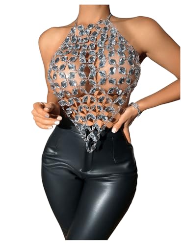 SHENHE Women's Open Back Sexy Diamond Body Top Backless Halter Rave Shirt Club Top2