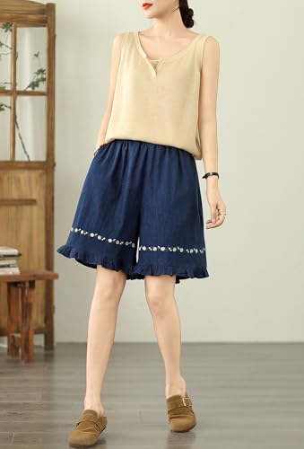 LAI MENG FIVE CATS Women's Summer Loose Casual Jeans Elastic Waist Wide Leg Denim Short Pants2