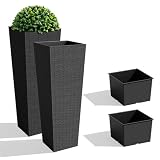 JUMMICO Set of 2 Resin Rattan Tall Planters for Outdoor Plants, Large Tapered Planters with Drainage Holes, Flower Pots for Garden, Patio, Porch, Backyard (Black, 32',Inner Tray)