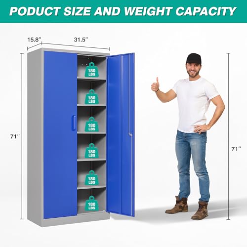 Image of Metal Cabinet with 5 Adjustable Shelves,6 Tier Garage Storage Cabinet with Lock,Gray Blue Metal Storage Cabinet with Locking Doors,Steel Cabinets,71 inch Lockable Storage Cabinets for Home,Office,Garage