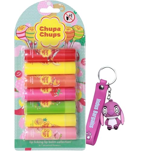 Chupa Chups Lip Balm Set Pack of 7 Fruity Flavors | Moisturizing Lip Care Gift for Kids, Teens & Adults, Sweet Scented Lip Gloss for Soft, Smooth, Hydrated Lips All Day | Keychains in Pink or Blue