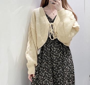 ショートボレロ カーディガン ニットジャケット リボン 白 レースアップ