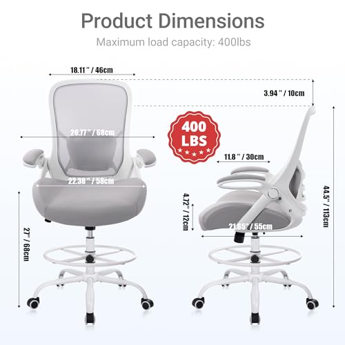 Image of HYLONE 400lbs Heavy Duty Drafting Chair 5 inch Thickened Seat Office Chair with Flip-Up Armrests Tall Ergonomic Computer Chair with Lumbar Support and Adjustable Footrest Ring Standing Desk Chair (Grey)
