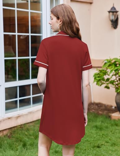Image of Ekouaer Nightgowns for Women Button Down Sleepshirt Short Sleeve Nightshirt Boyfriend Pajamas V Neck Nightdress S-XXXL