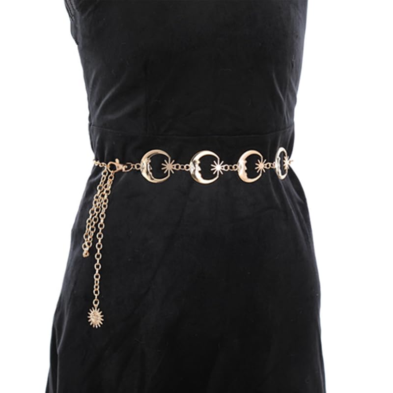 Gothic Punk Waist Chain Belt for Women – Adjustable, Lightweight, Foldable with Metal Buckle – Stylish Moon & Star Design for Jeans, Skirts, Pants – Ideal Ideal Halloween Accessory Gift(Gold)
