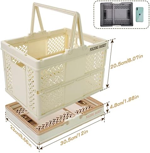 Spesh 2 Pcs Collapsible Storage Crates 31cm*22cm Mini Foldable Shopping Baskets with Handles Small Plastic Crates for Picnic,Shopping,Camping(Beige+Lightpink)