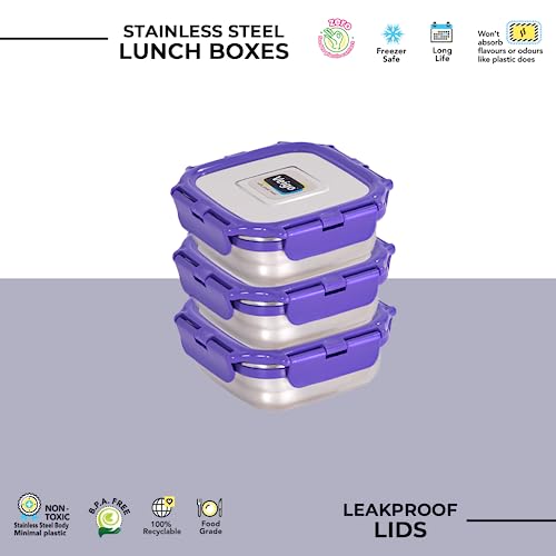 Image of Veigo Original Set Pack of 3 Stainless Steel Airtight & Leakproof Medium Lunch Box with Silicon Ring & Polymer Frame for Re-Heating|Safe Lid Lock|Square (330ML) Violet Purple